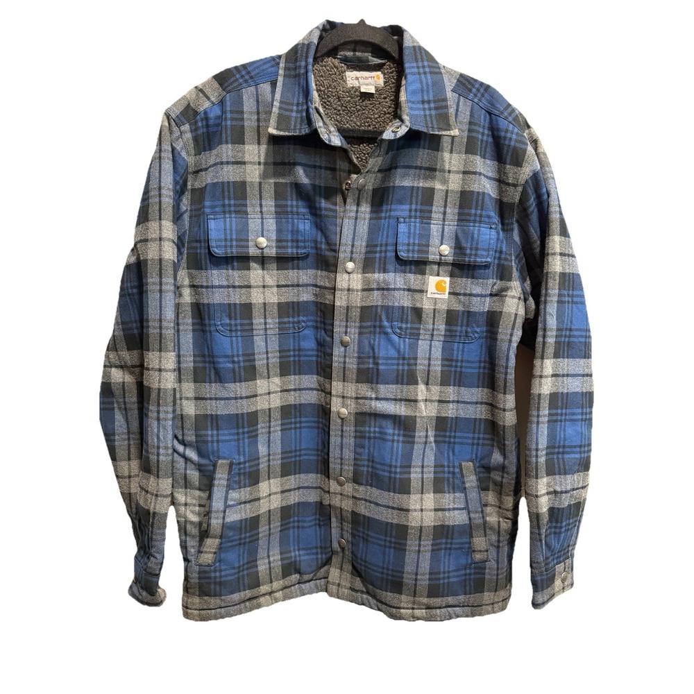 Carhartt Shirt Jacket Mens Lg Blue Plaid Sherpa Lined Flannel Snap Front 103821